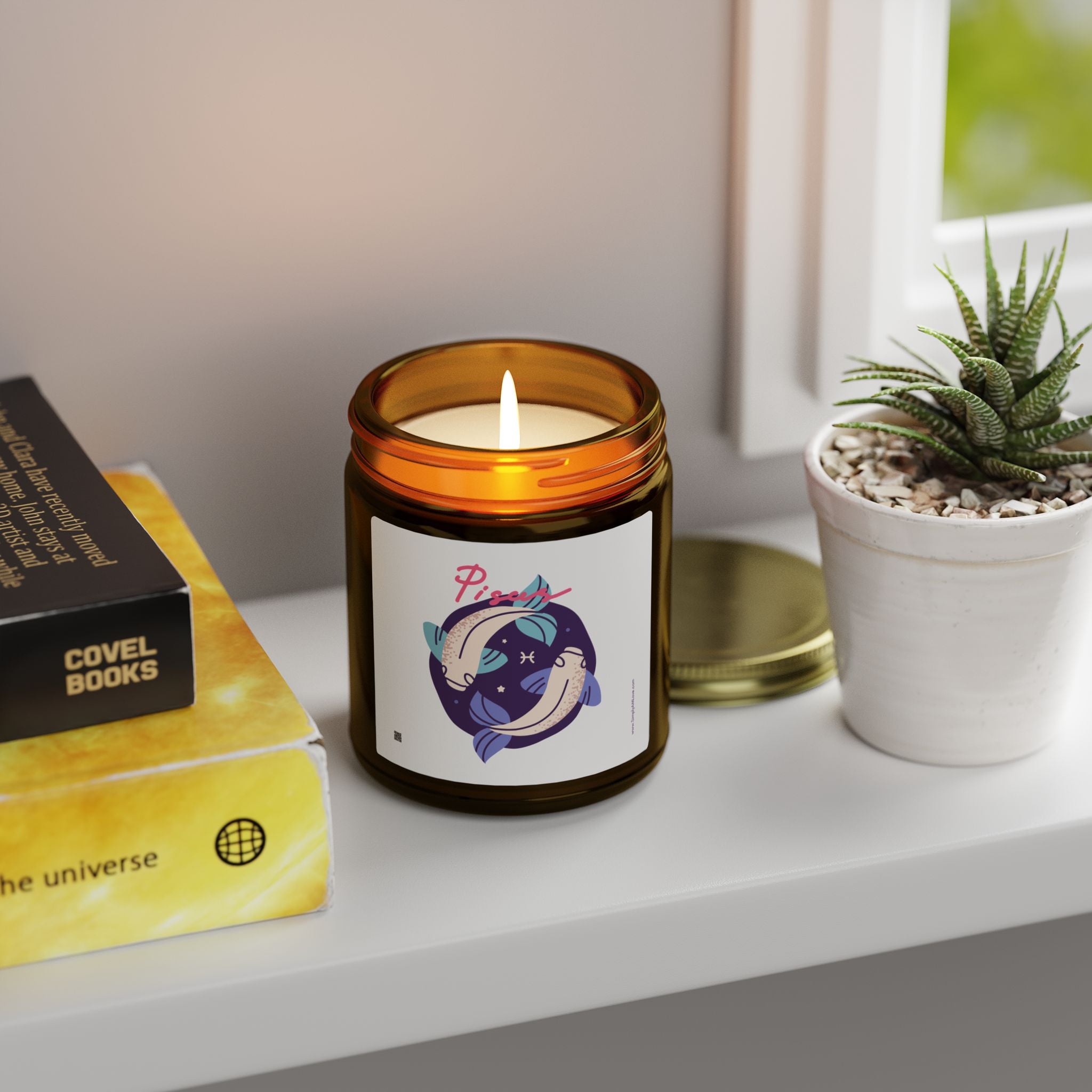 Cute Pisces Zodiac Scented Candle — Coconut Apricot Wax (9oz Reusable Glass)