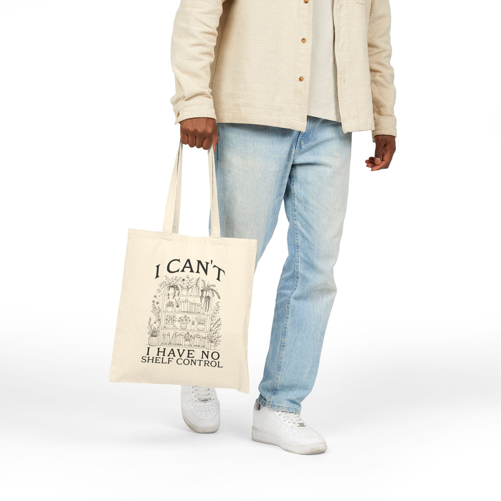 Tote Bag — "I Can't, I Have No Shelf Control" Funny Pack-Rat Canvas Tote, natural