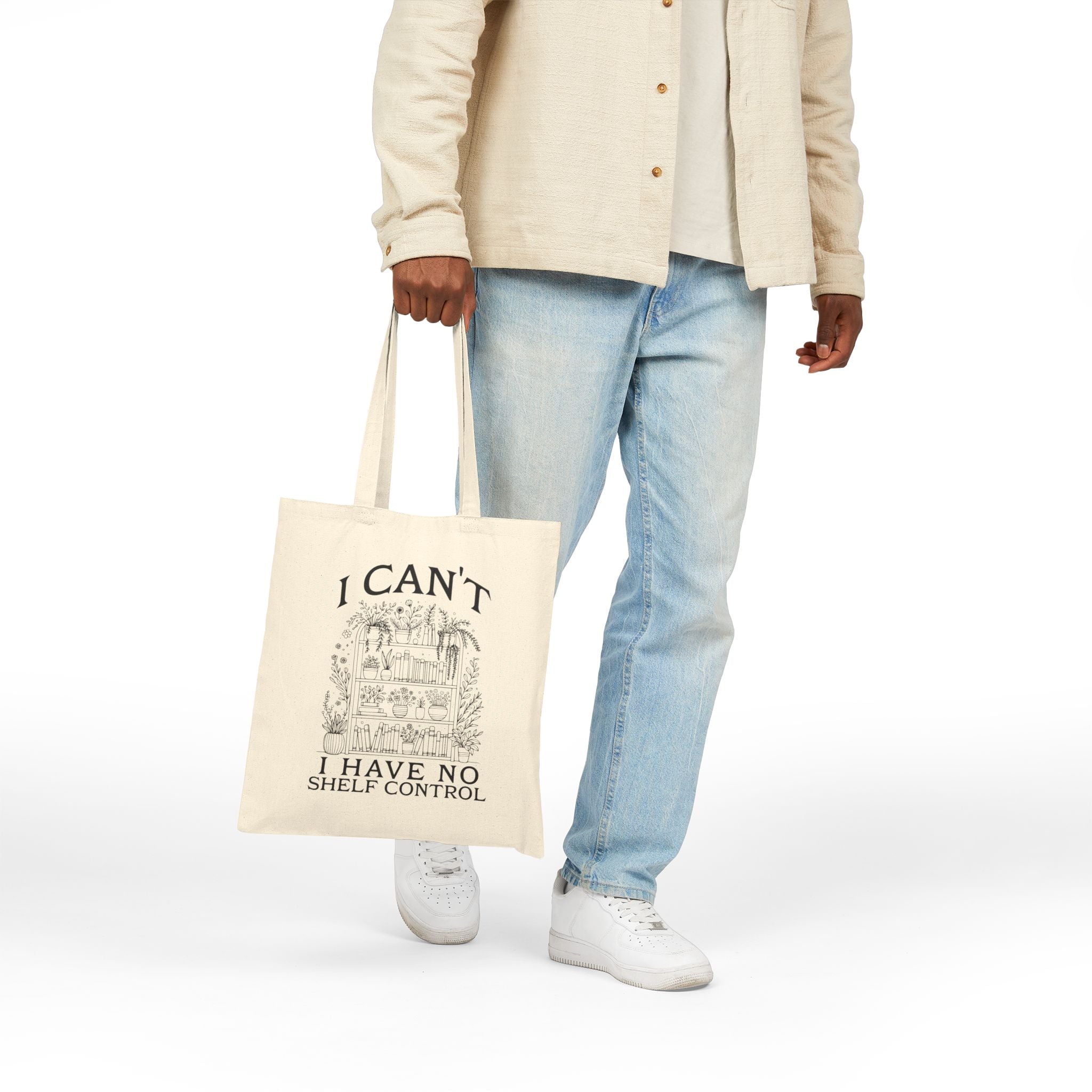 Tote Bag — "I Can't, I Have No Shelf Control" Funny Pack-Rat Canvas Tote, natural