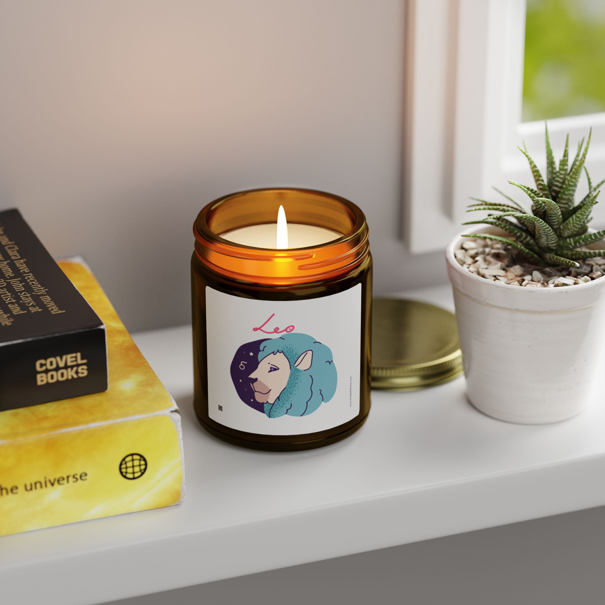 Cute Zodiac Leo, Scented Candle — Coconut Apricot Wax (9oz Reusable Glass)