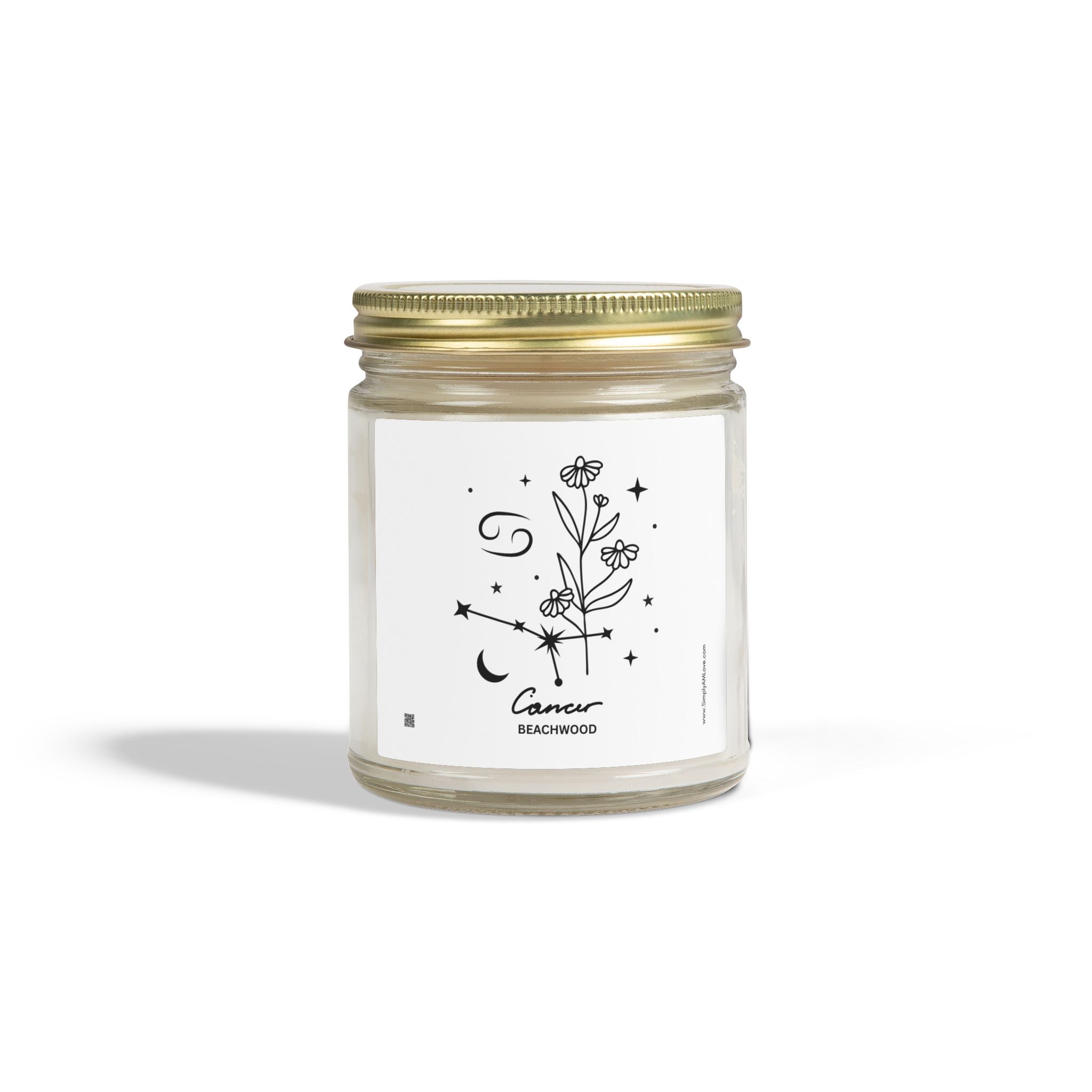 Zodiac Cancer Coconut Apricot Wax Scented Candle — 9oz Botanical Glass Jar (Beachwood)