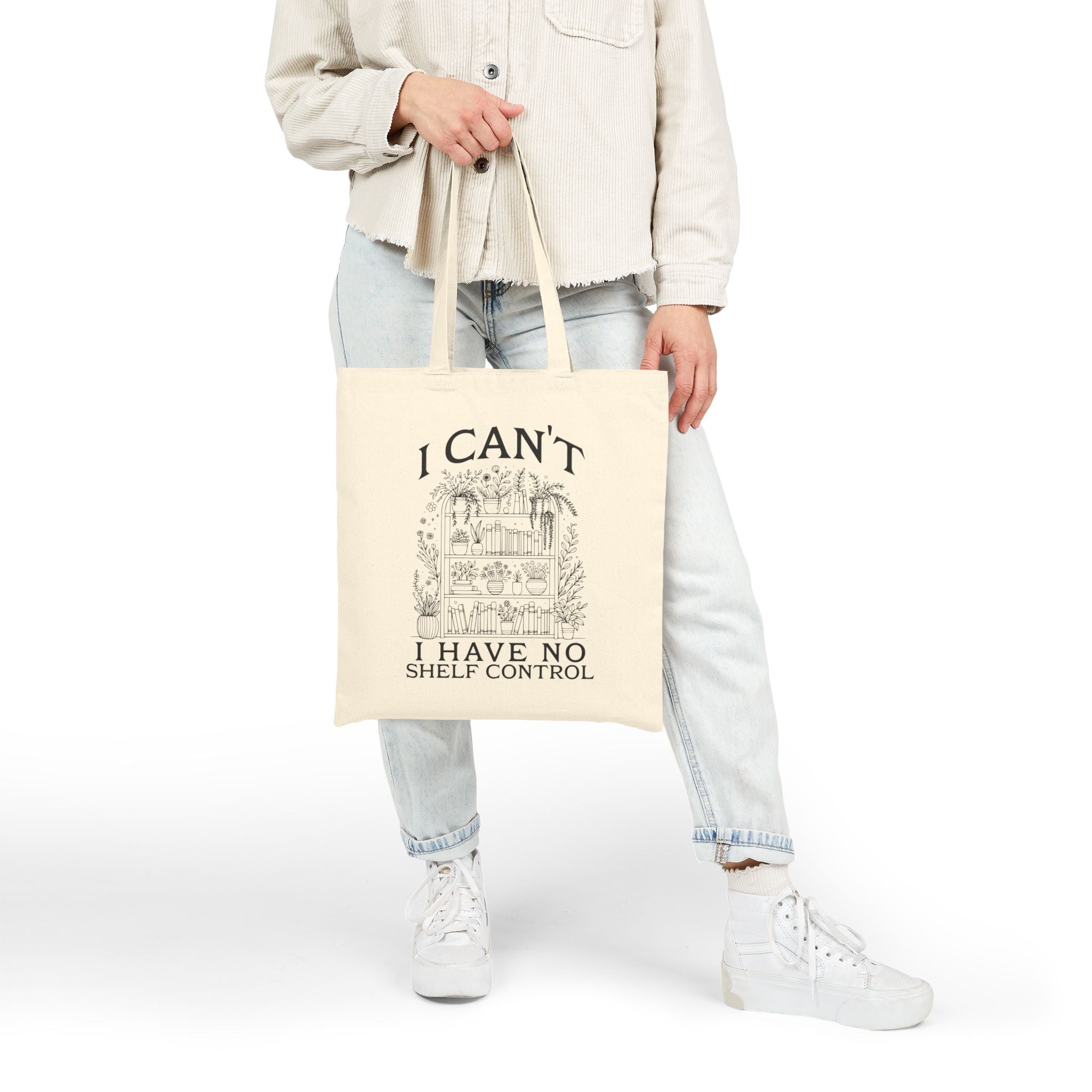 Tote Bag — "I Can't, I Have No Shelf Control" Funny Pack-Rat Canvas Tote, natural