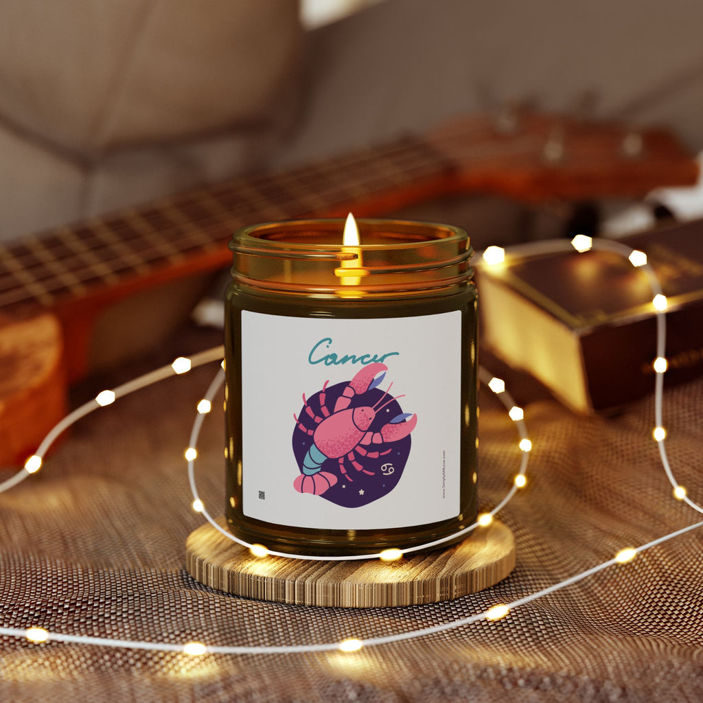 Cute Zodiac Cancer, Scented Candle — Coconut Apricot Wax (9oz Reusable Glass)
