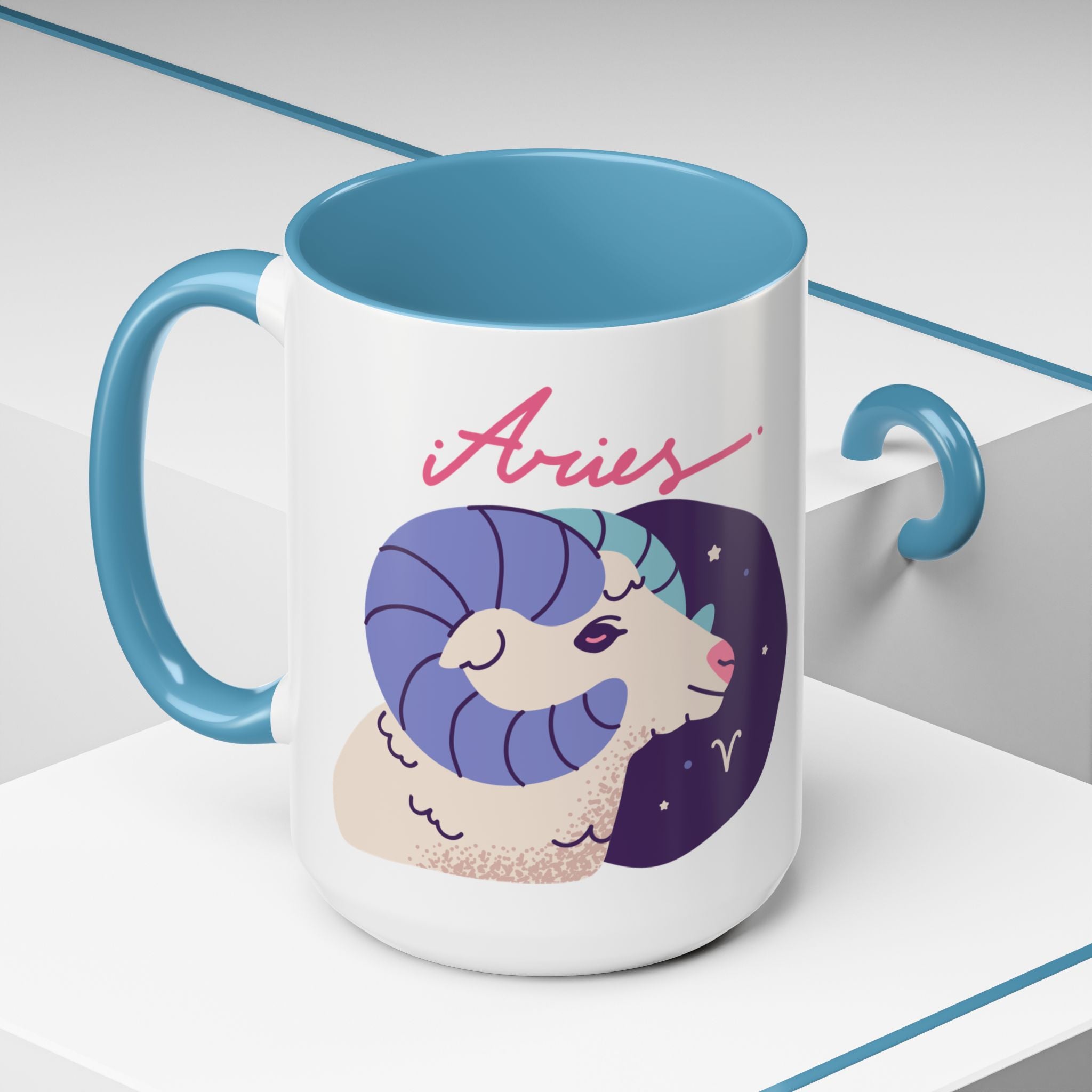 Aries Zodiac Accent Coffee Mug — Cute Horoscope 11/15oz (Pink, Light Blue & Navy)