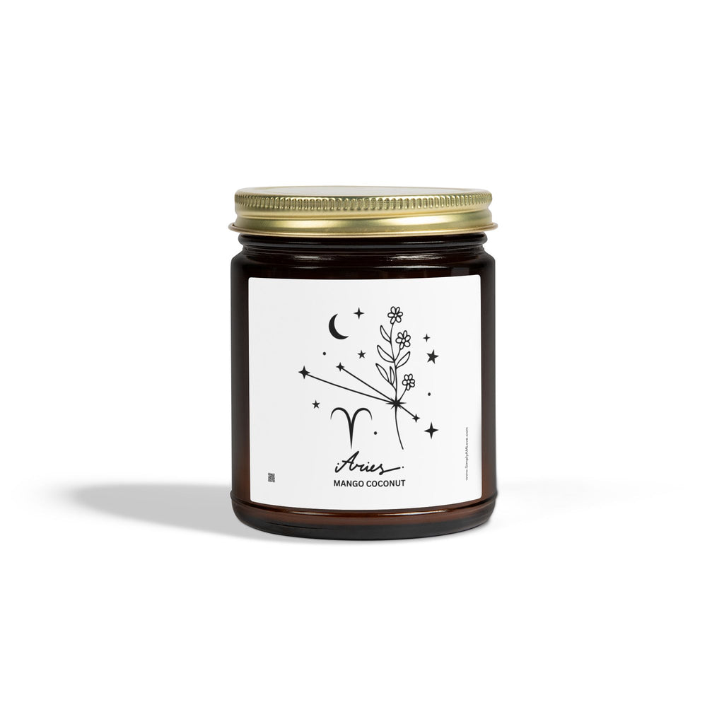 Zodiac Aries Coconut Apricot Wax Scented Candle — 9oz Botanical Glass Jar (Mango Coconut)
