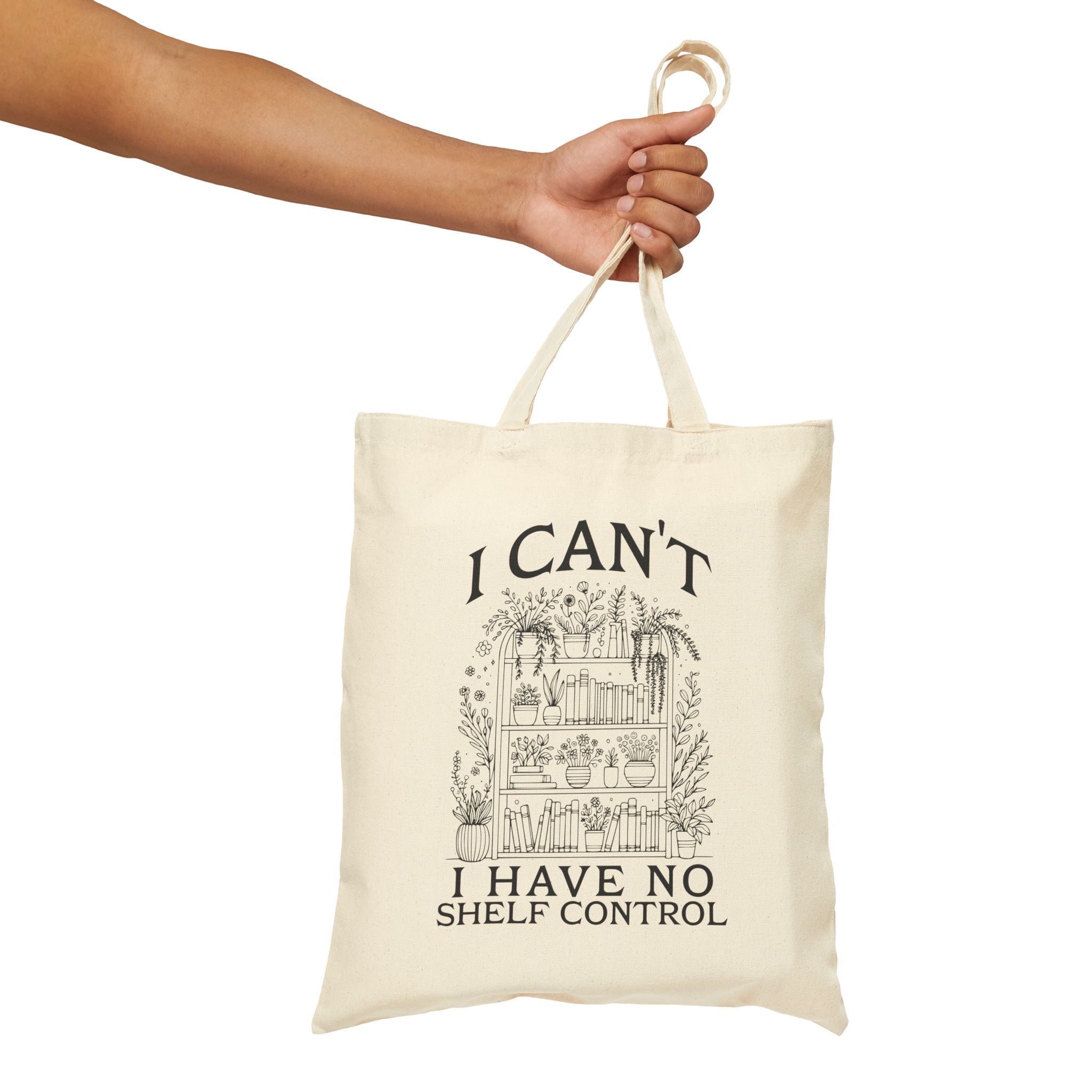 Tote Bag — "I Can't, I Have No Shelf Control" Funny Pack-Rat Canvas Tote, natural