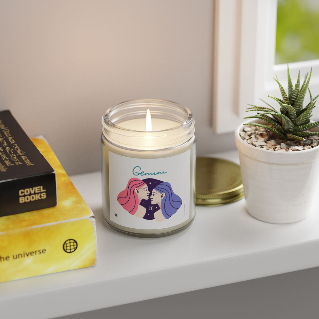 Cute Gemini Zodiac Scented Candle — Coconut Apricot Wax (9oz Reusable Glass)