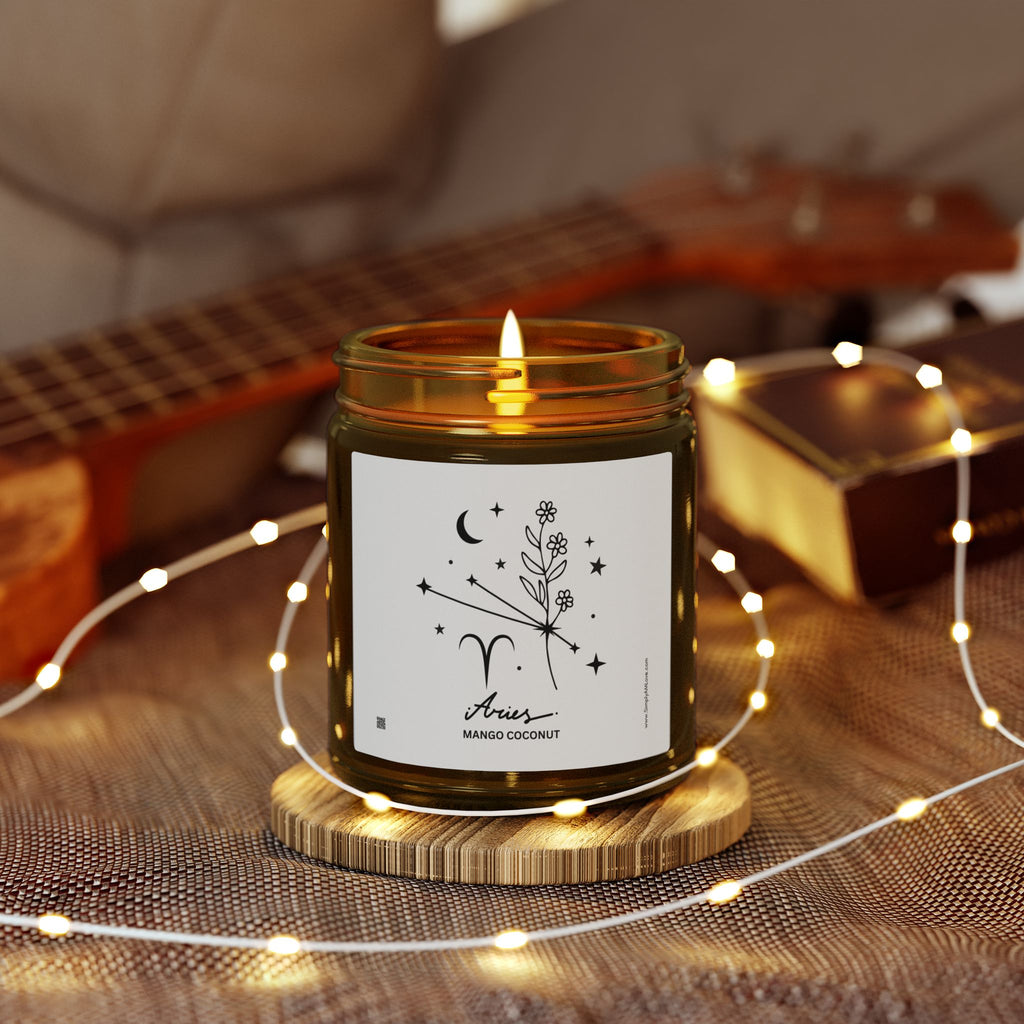 Zodiac Aries Coconut Apricot Wax Scented Candle — 9oz Botanical Glass Jar (Mango Coconut)