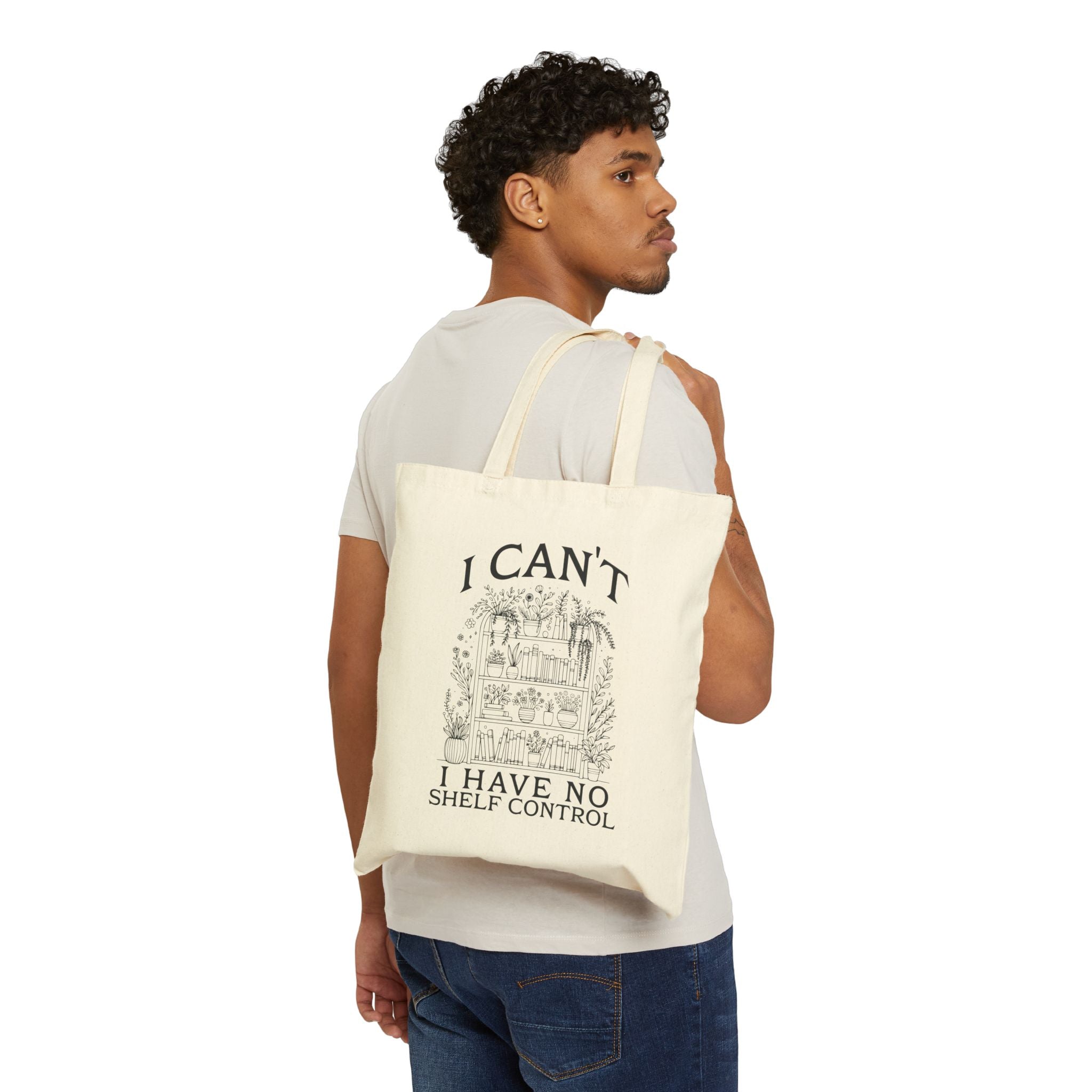 Tote Bag — "I Can't, I Have No Shelf Control" Funny Pack-Rat Canvas Tote, natural