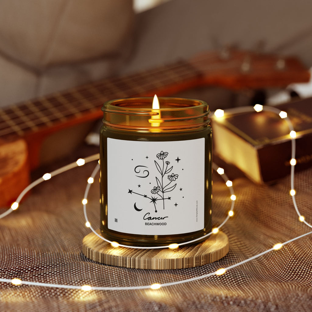 Zodiac Cancer Coconut Apricot Wax Scented Candle — 9oz Botanical Glass Jar (Beachwood)