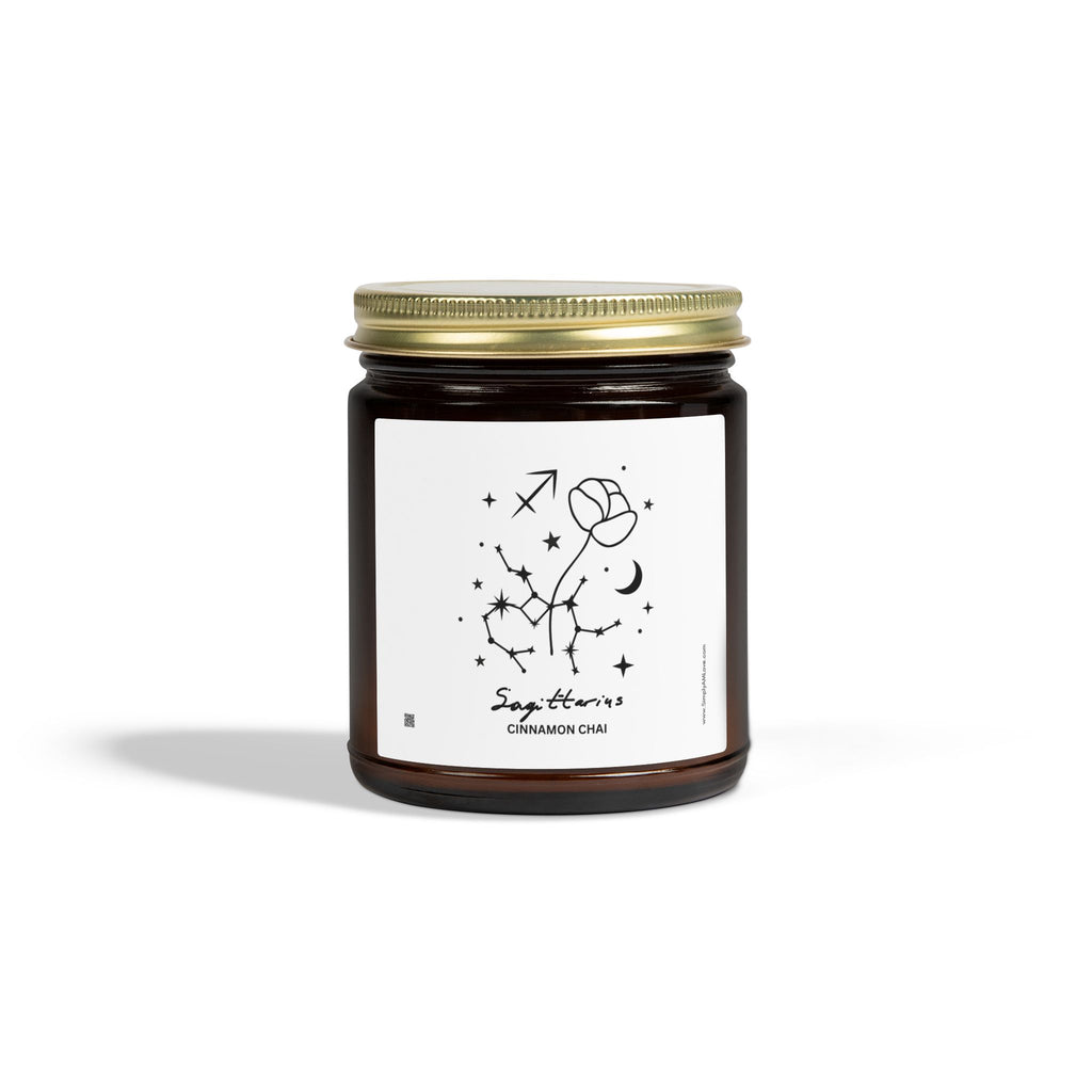 Zodiac Sagittarius Coconut Apricot Wax Scented Candle — 9oz Botanical Glass Jar (Cinnamon Chai)