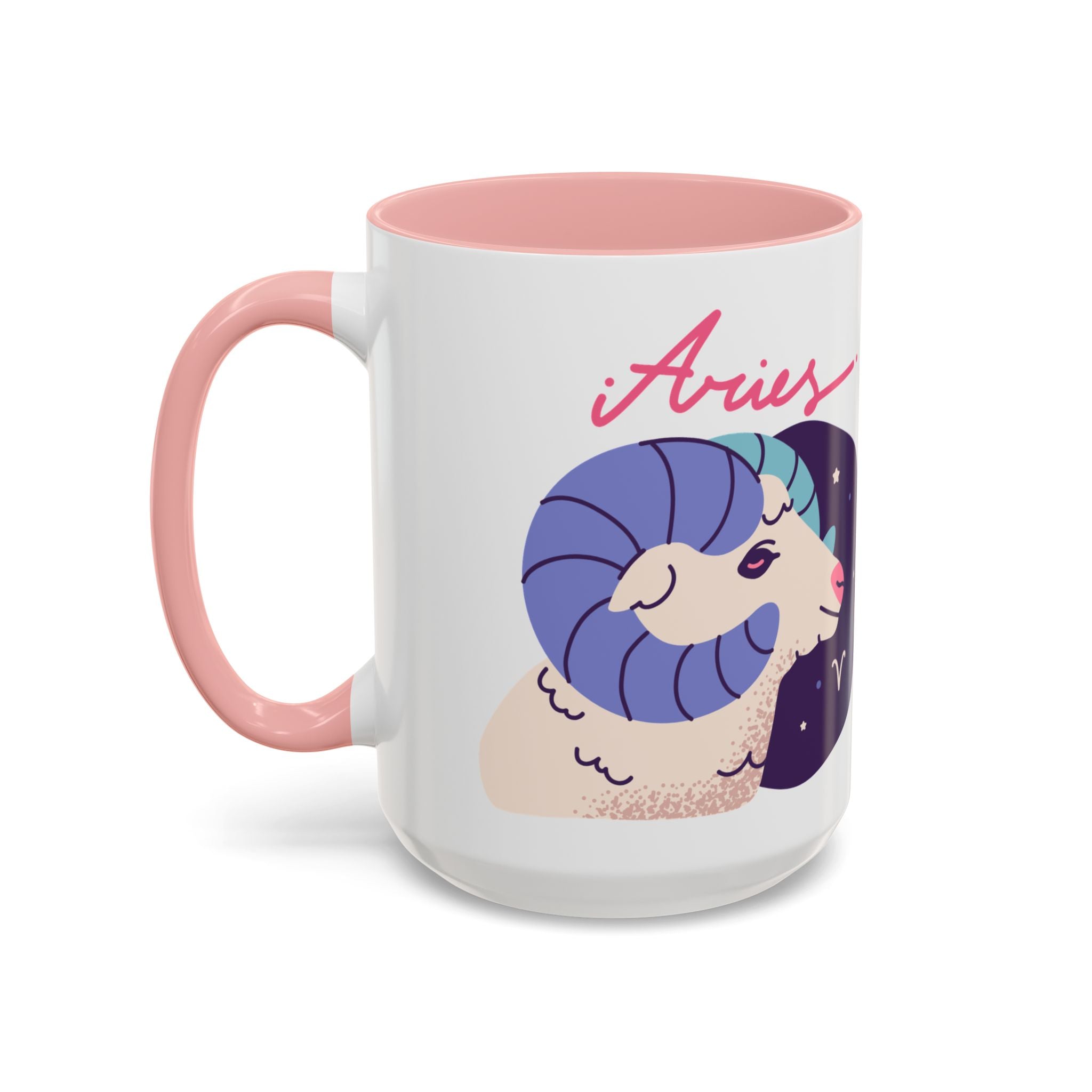 Aries Zodiac Accent Coffee Mug — Cute Horoscope 11/15oz (Pink, Light Blue & Navy)