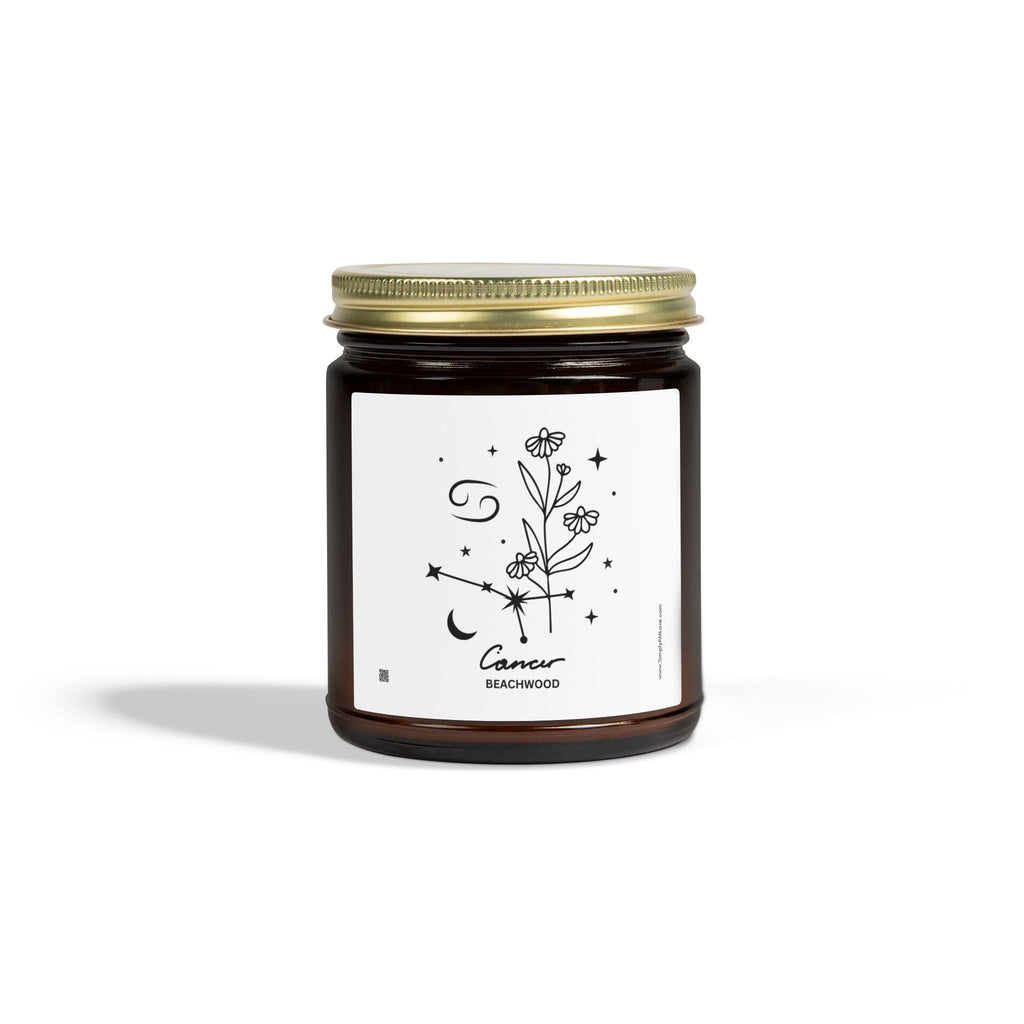 Zodiac Cancer Coconut Apricot Wax Scented Candle — 9oz Botanical Glass Jar (Beachwood)