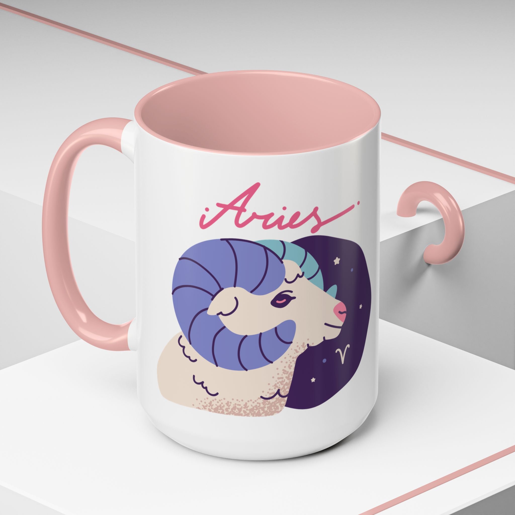 Aries Zodiac Accent Coffee Mug — Cute Horoscope 11/15oz (Pink, Light Blue & Navy)