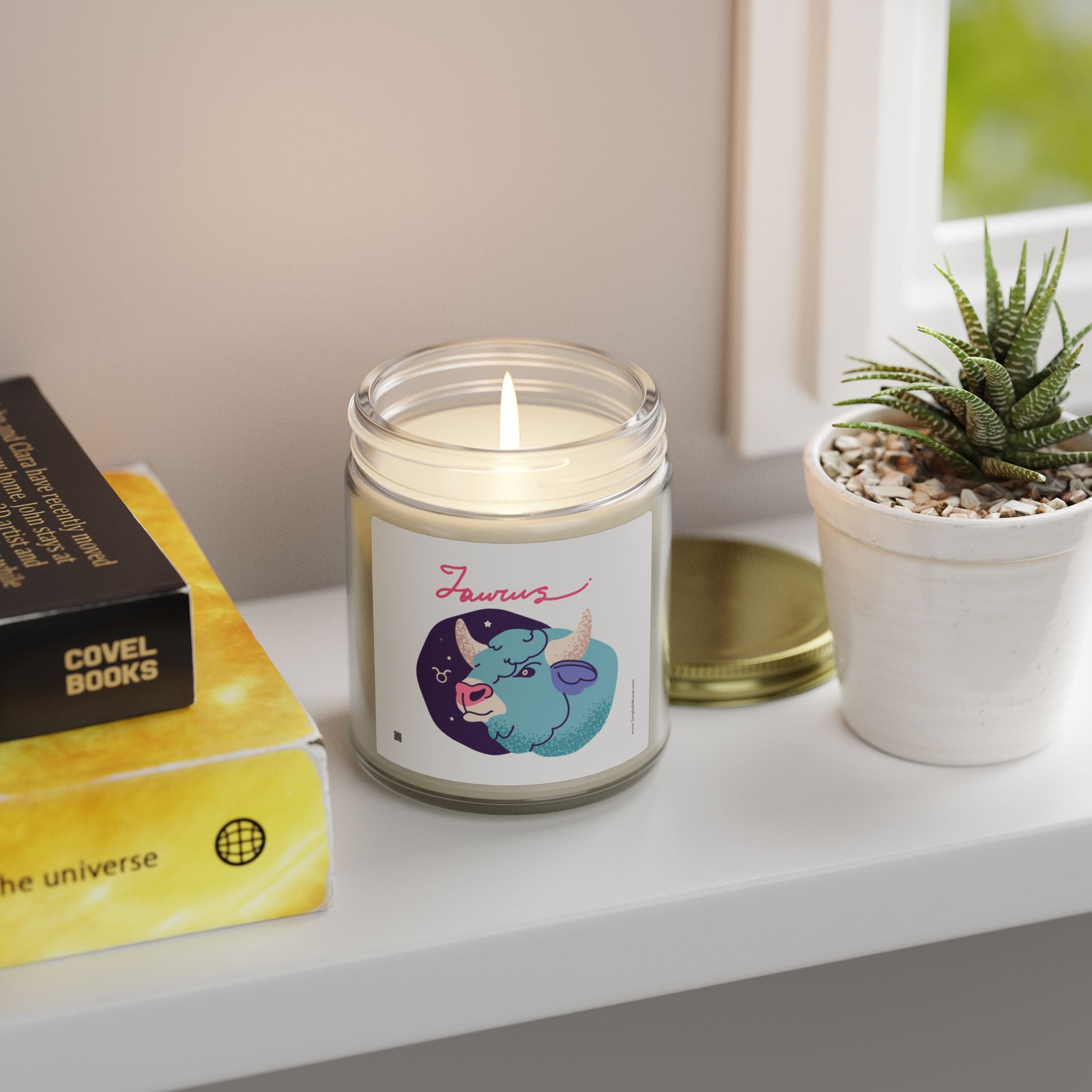 Cute Taurus Zodiac Scented Candle — Coconut Apricot Wax (9oz Reusable Glass)