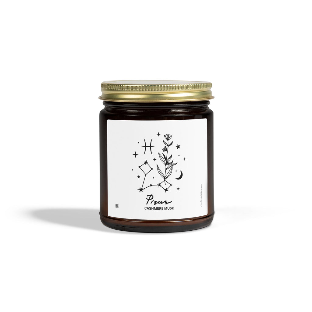 Zodiac Pisces Coconut Apricot Wax Scented Candle — 9oz Botanical Glass Jar (Cashmere Musk)