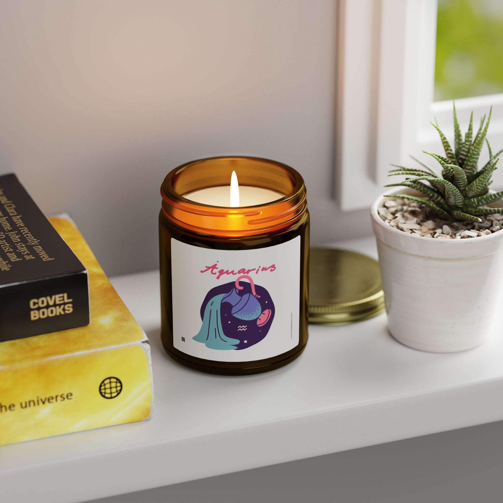 Cute Aquarius Zodiac Scented Candle — Coconut Apricot Wax (9oz Reusable Glass)