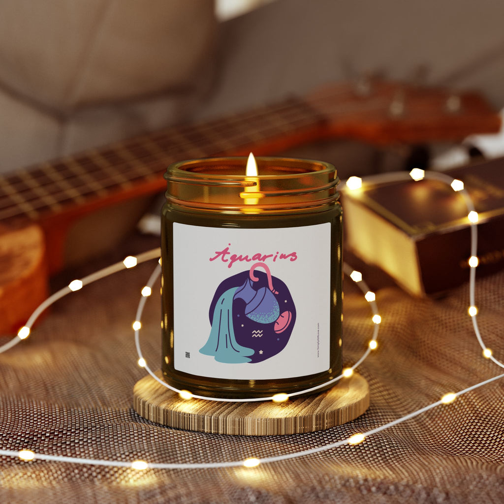 Cute Aquarius Zodiac Scented Candle — Coconut Apricot Wax (9oz Reusable Glass)