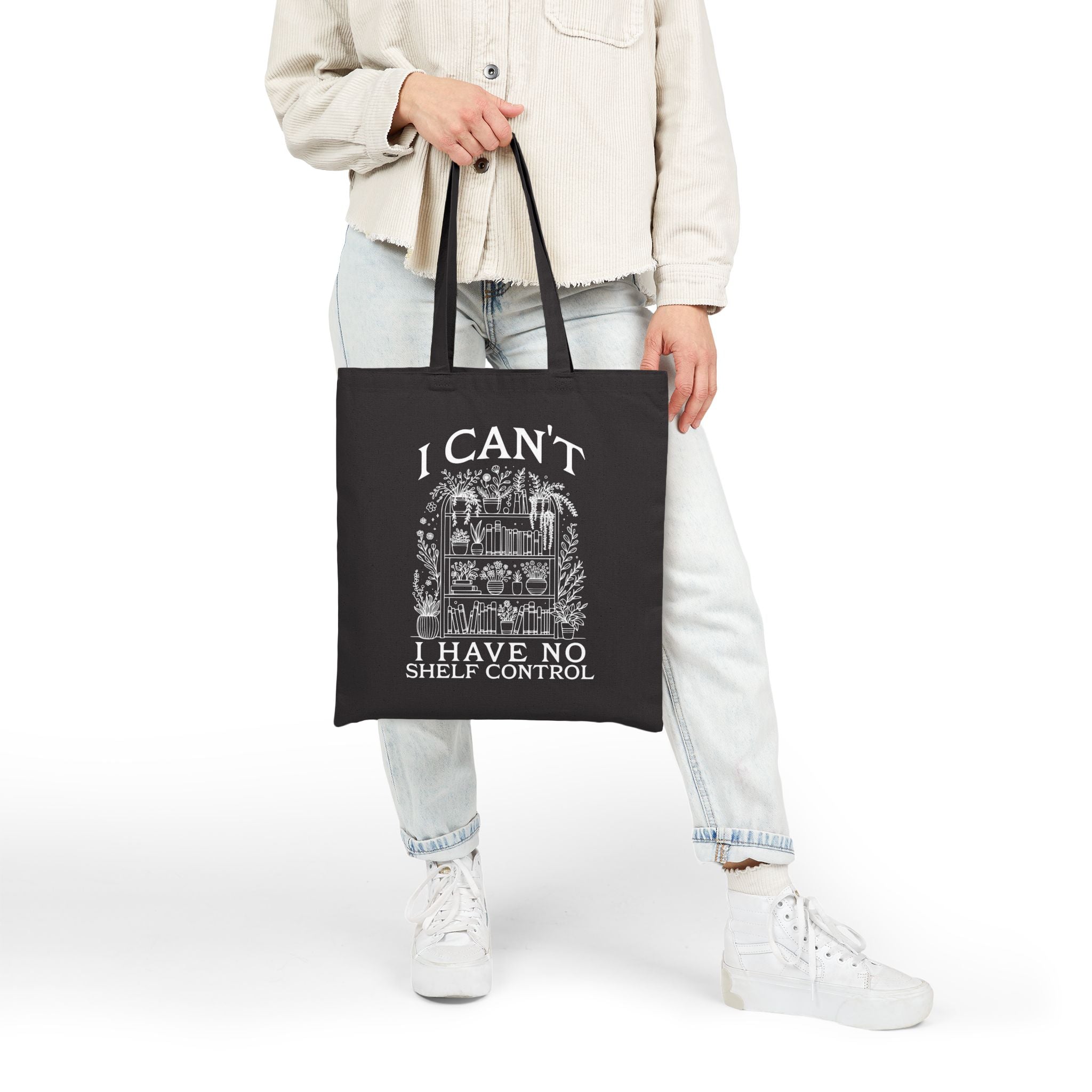 Tote Bag — "I Can't, I Have No Shelf Control" Funny Pack-Rat Canvas Tote, natural