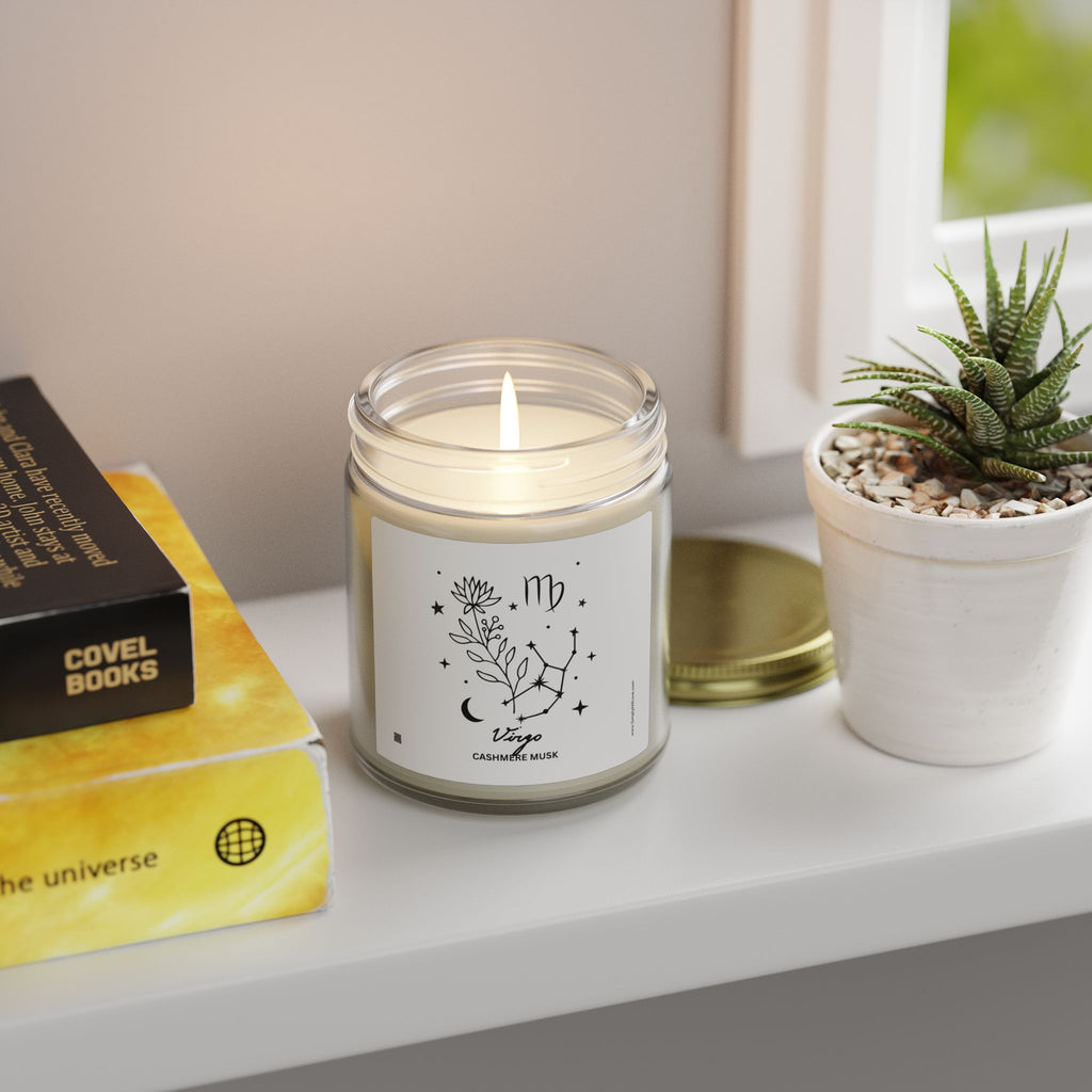 Zodiac Virgo Coconut Apricot Wax Scented Candle — 9oz Botanical Glass Jar (Cashmere Musk)