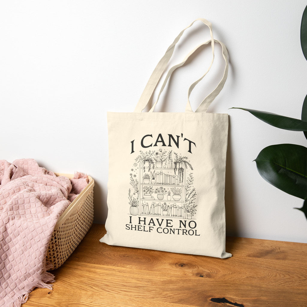 Tote Bag — "I Can't, I Have No Shelf Control" Funny Pack-Rat Canvas Tote, natural