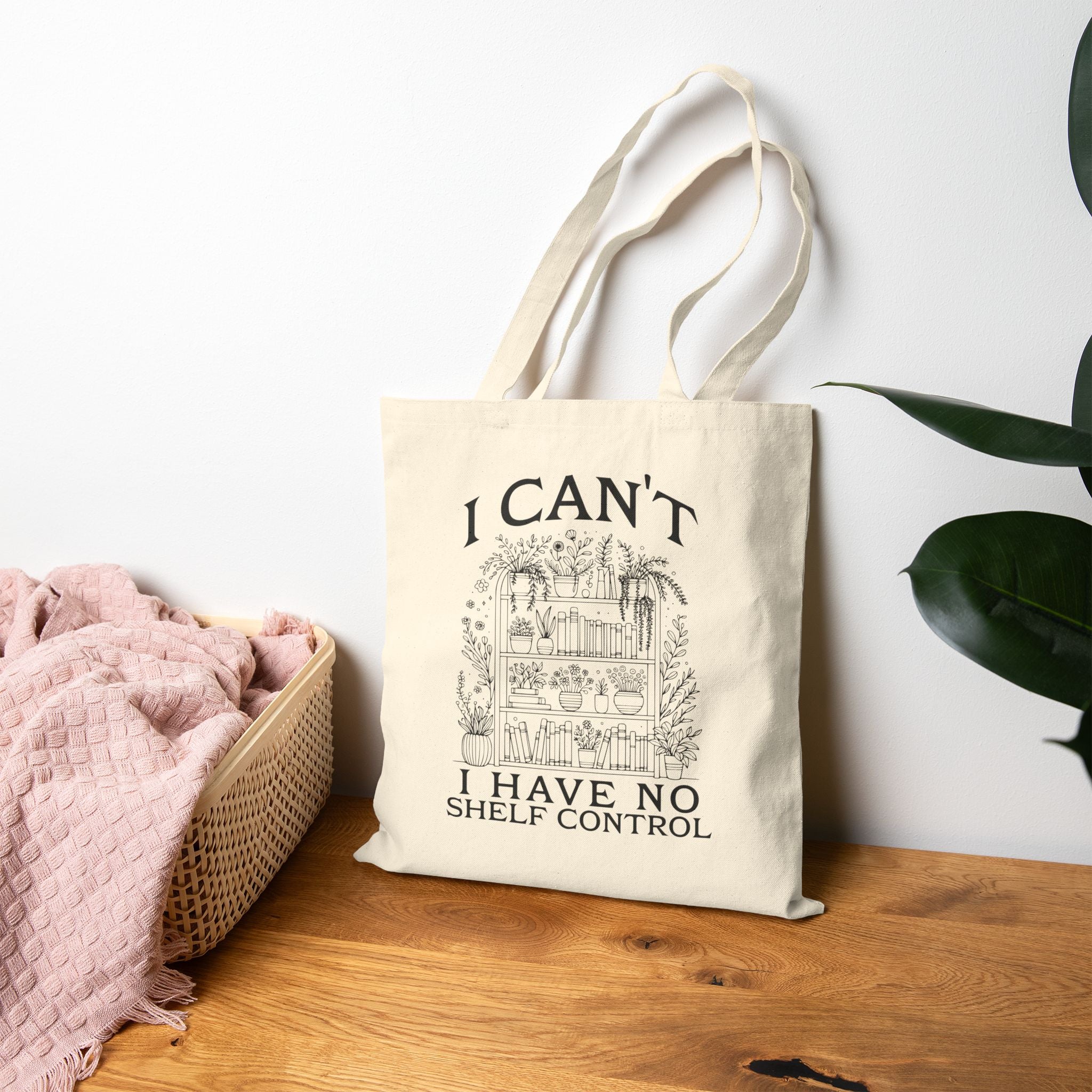 Tote Bag — "I Can't, I Have No Shelf Control" Funny Pack-Rat Canvas Tote, natural