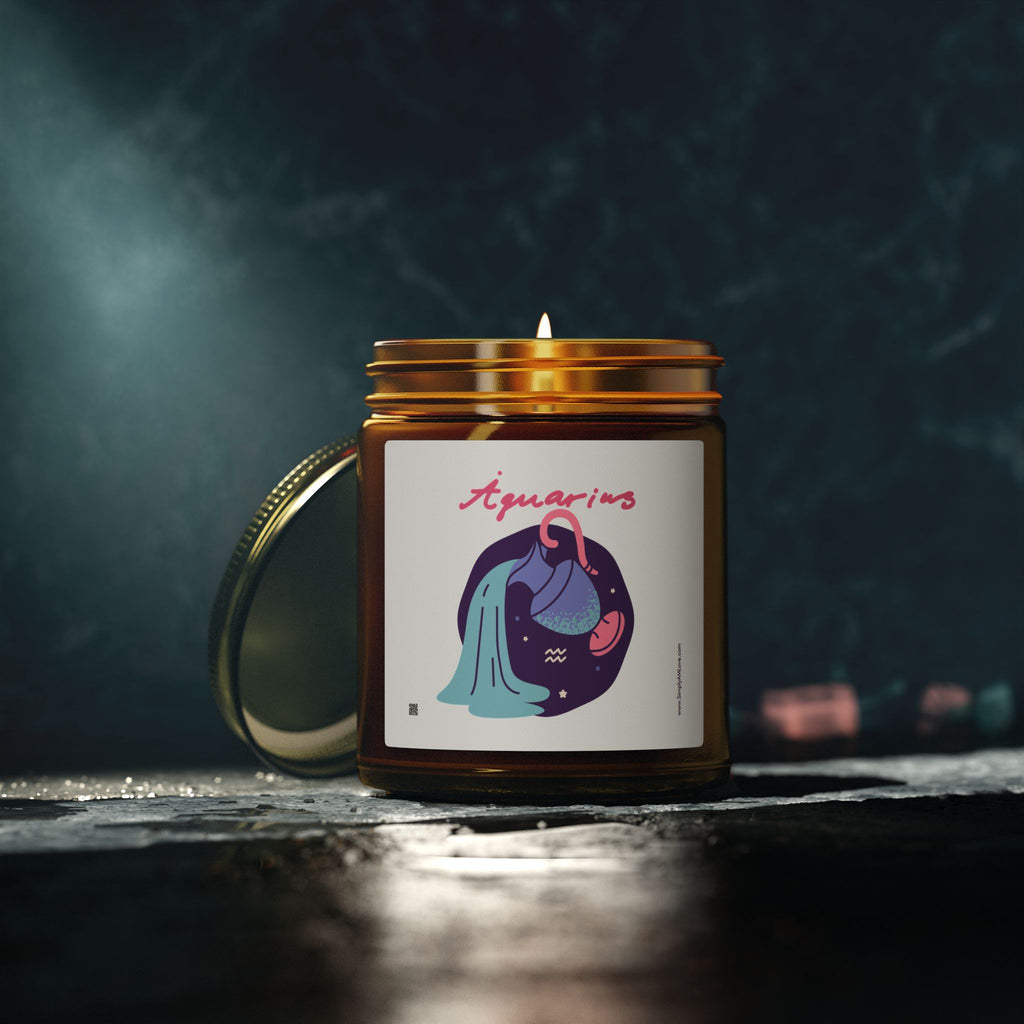 Cute Aquarius Zodiac Scented Candle — Coconut Apricot Wax (9oz Reusable Glass)